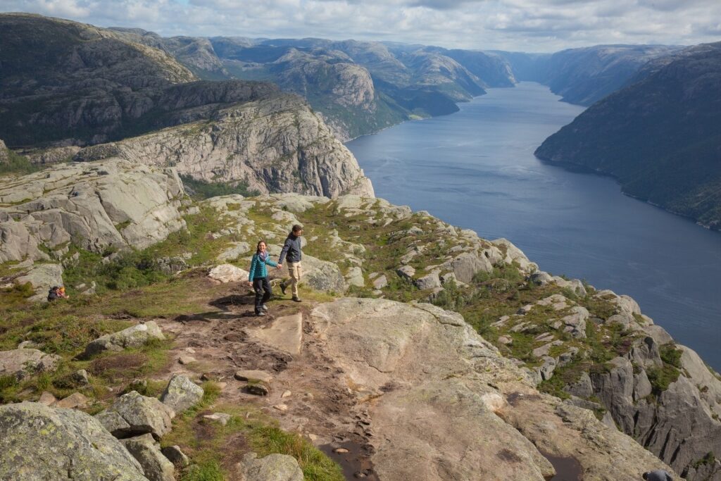 Aerial view of Pulpit Rock cliff overlooking Lysefjord in Norway