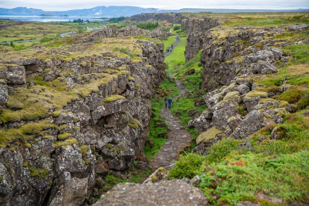 Almannagjá gorge in Þingvellir National Park with rocky cliffs on both sides