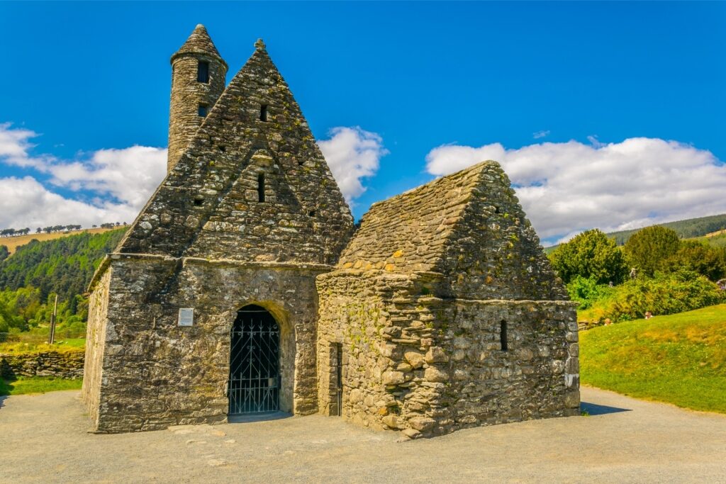 Historic St. Kevin’s Kitchen stone church in Glendalough, Ireland