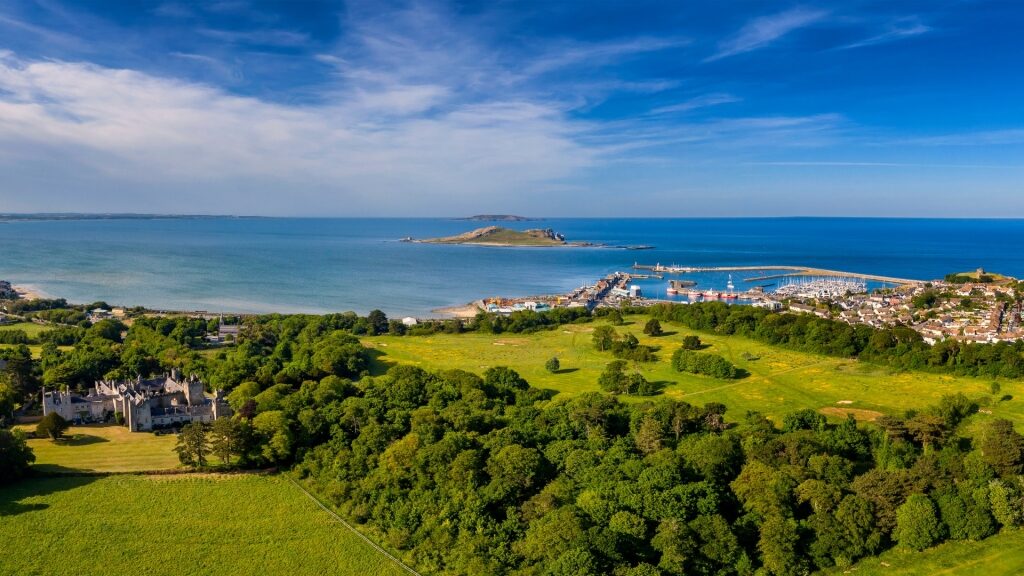 Scenic aerial view of Howth town and its coastal landscape