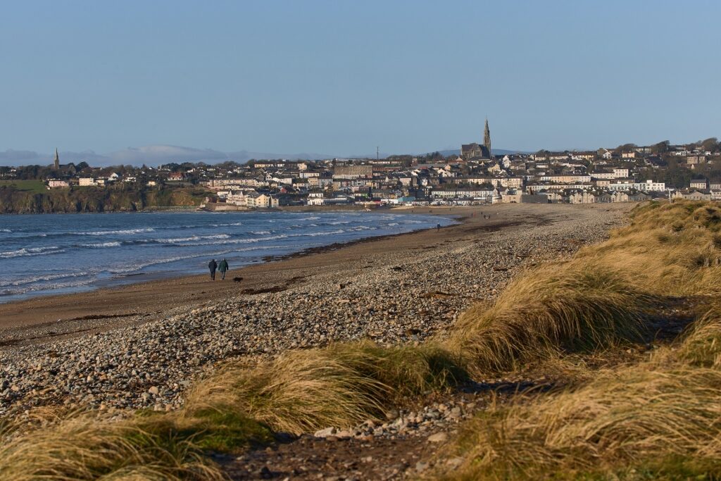 Irish beach at Tramore Nature Reserve with city views