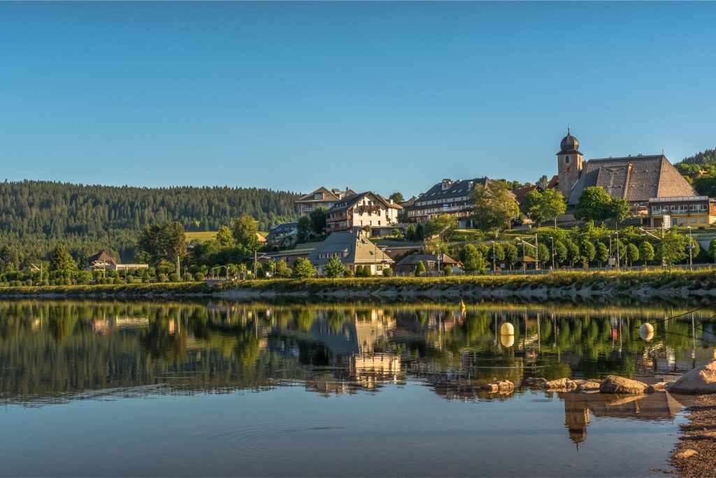 Scenic view of Lake Schluchsee with calm waters and greenery