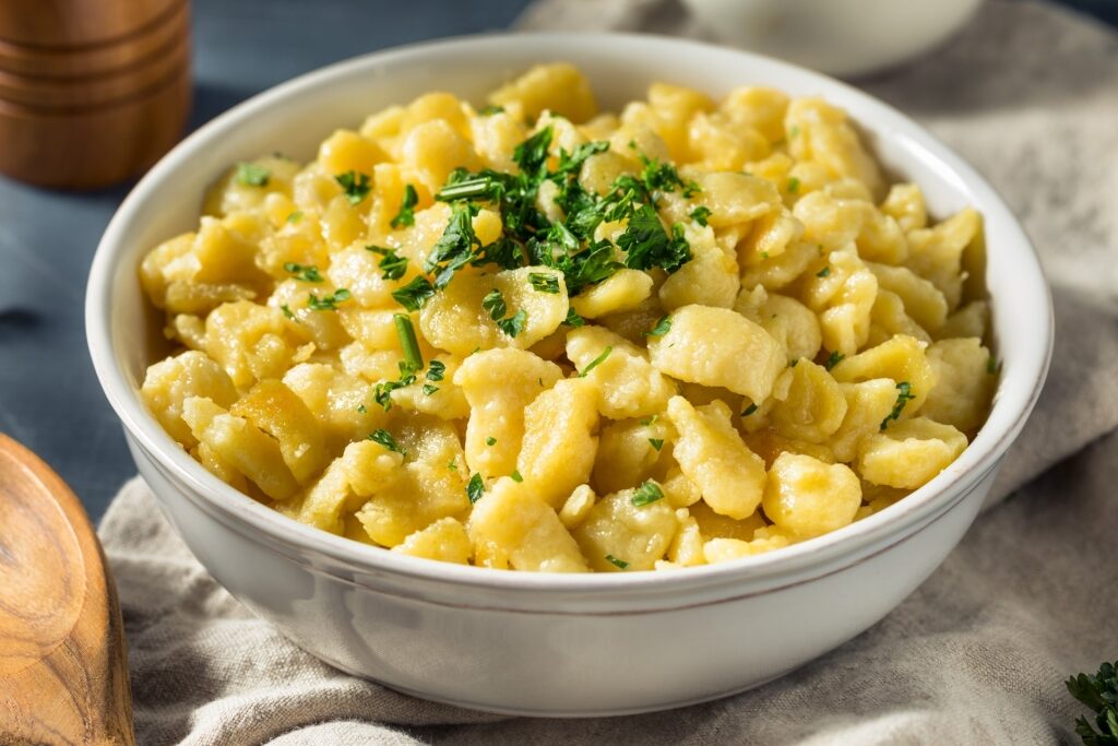 Homemade spaetzle in a bowl, a classic German comfort food