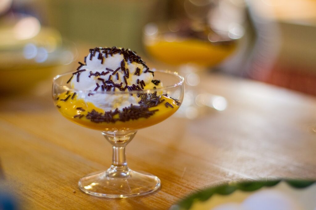 Traditional Dutch eggnog Advocaat dessert with cream and chocolate