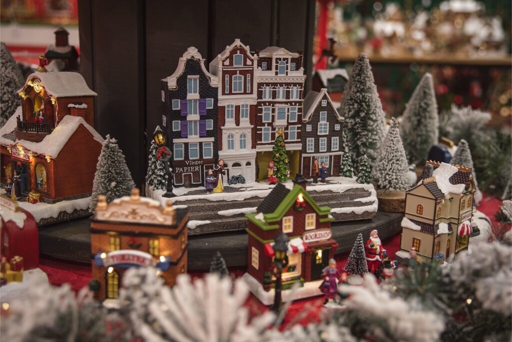 Close-up of a Christmas miniature village