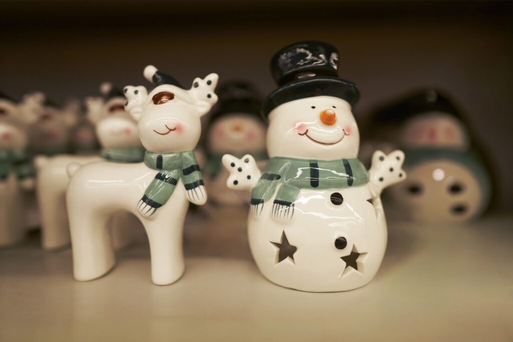 Christmas-themed ceramics on a store shelf