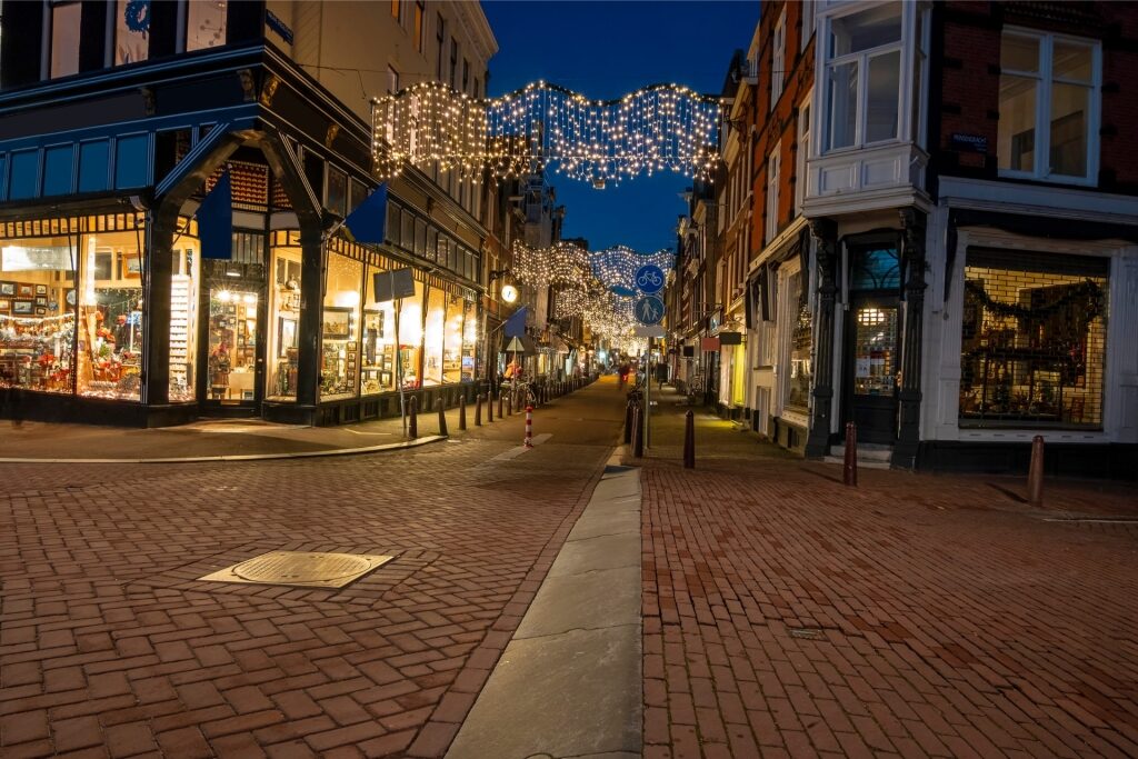 Festive lights illuminating an Amsterdam street for Christmas in the Netherlands
