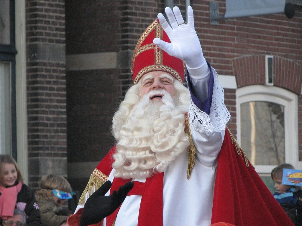 Sinterklaas in traditional red and white costume in the Netherlands