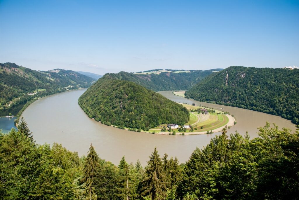 Aerial view of Schlögener Schlinge, the winding Danube river bend in Upper Austria