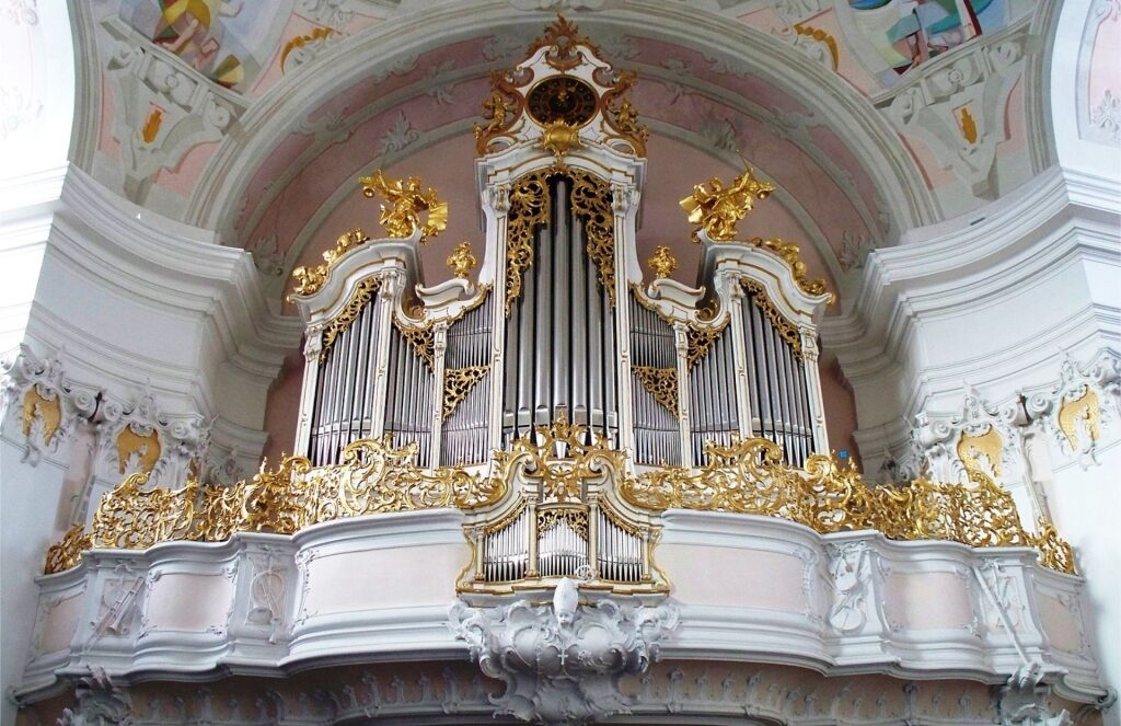 Ornate Rococo-style organ case inside Engelszell Abbey church, Austria