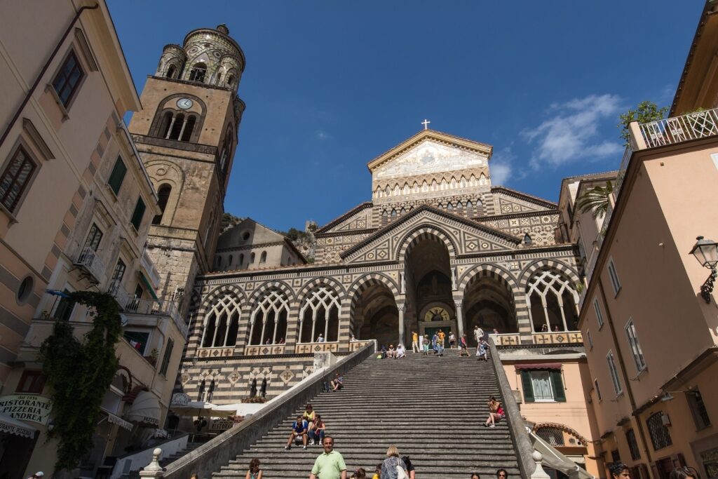 Exterior view of St. Andrew Cathedral in Amalfi with its grand staircase