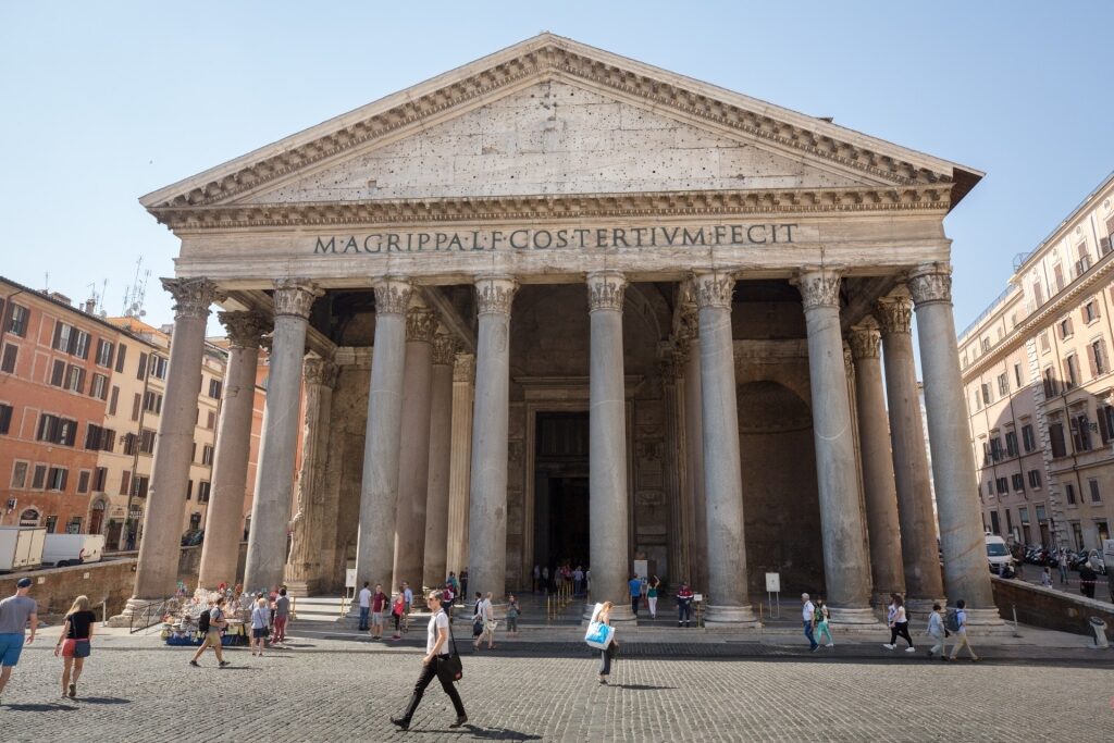 Front façade of the Pantheon in Rome with iconic Corinthian columns