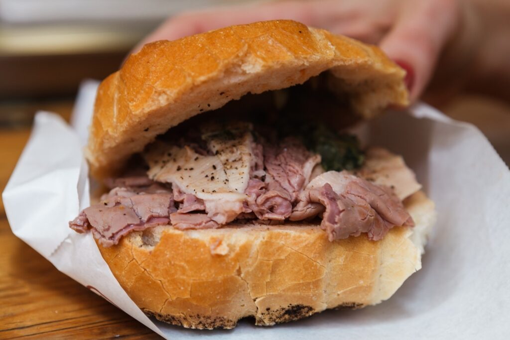 Close up view of traditional Italian panino lampredotto sandwich