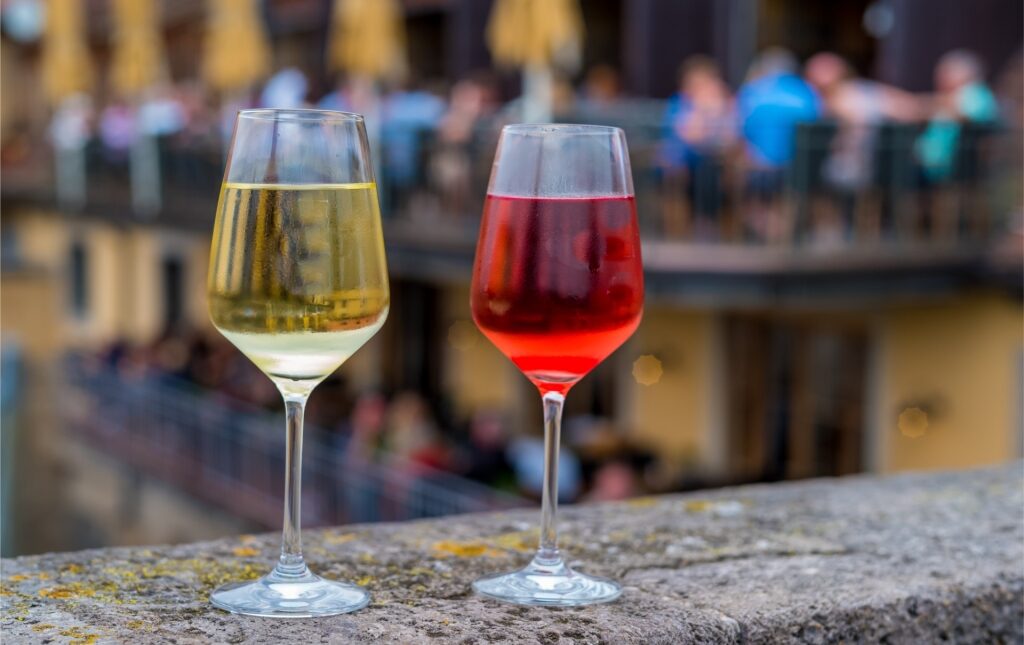 Close up view of wineglasses on Würzburg’s historic bridge