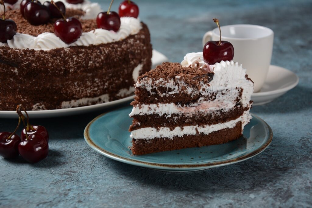 Layered Schwarzwälder Kirschtorte German dessert with rich chocolate and cherries