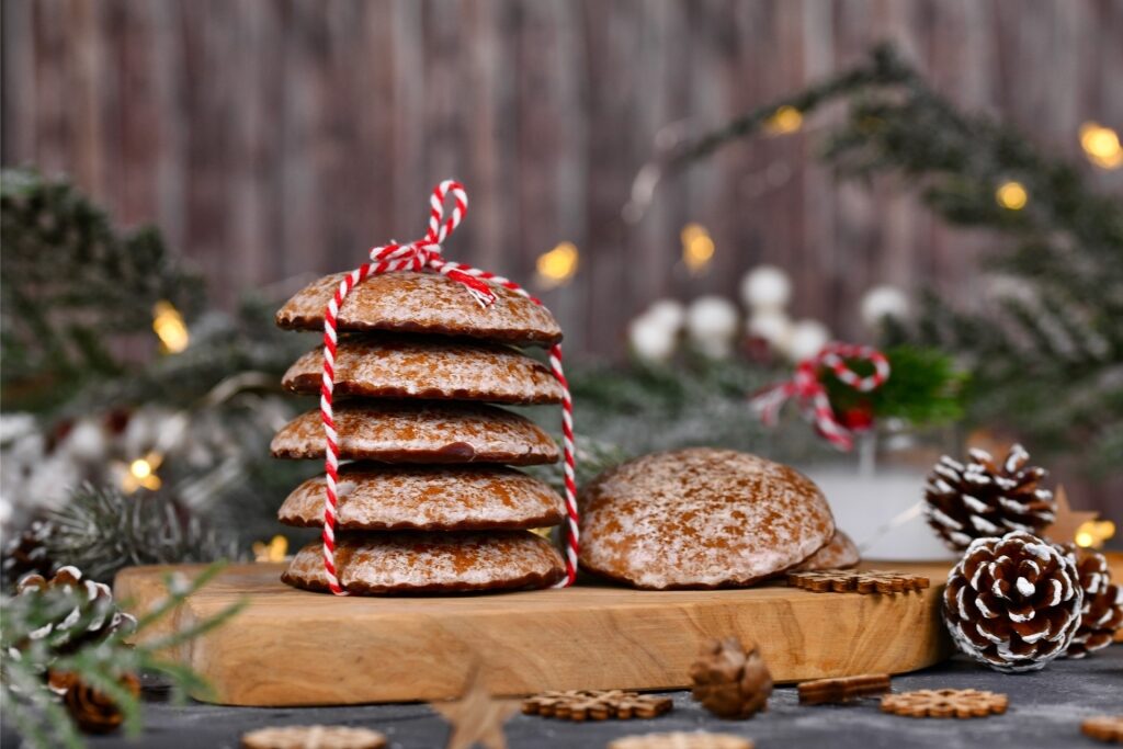 Traditional German Lebkuchen cookies tied with festive ribbon for the holidays