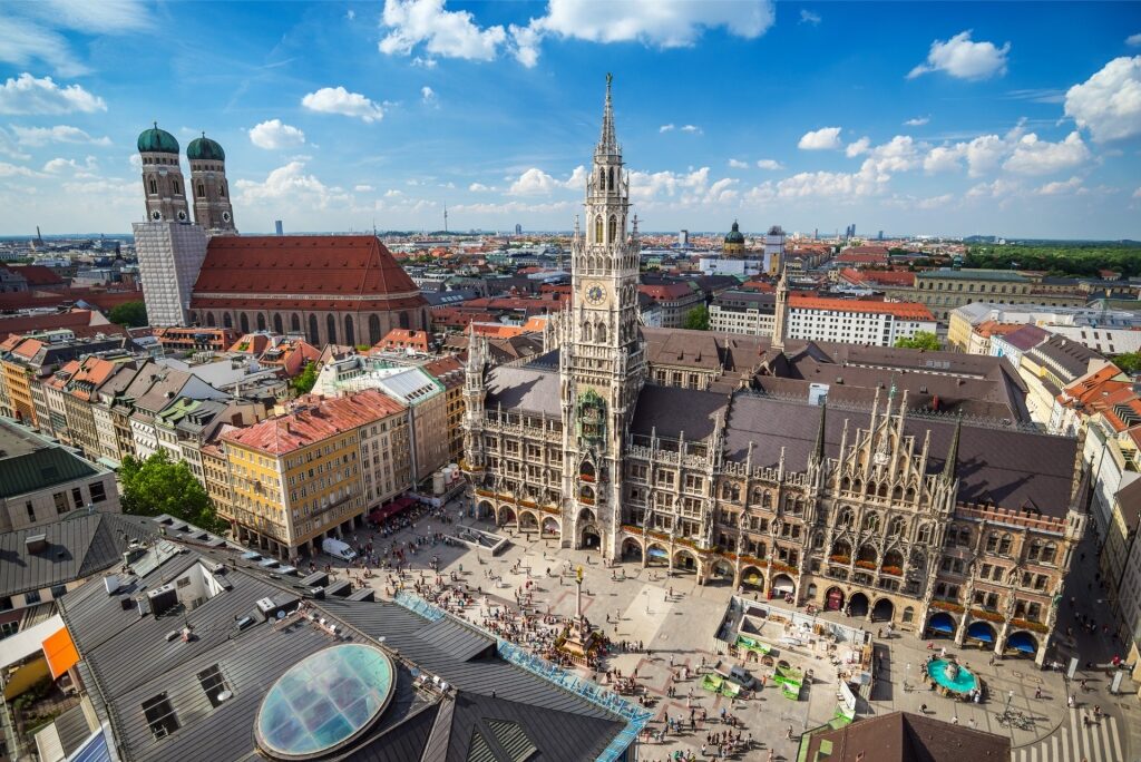 Aerial view of Marienplatz square in Munich, Germany with historic buildings