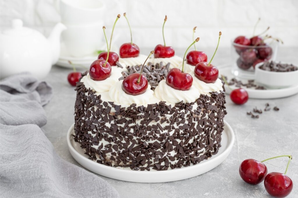 Layered Schwarzwälder Kirschtorte German dessert with rich chocolate and cherries
