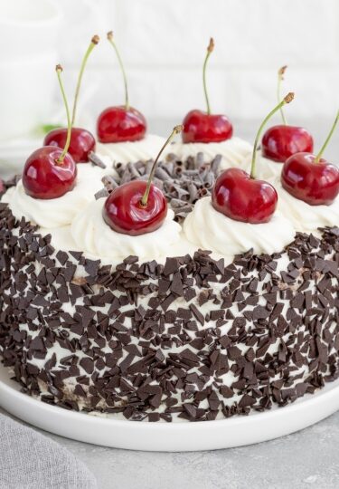 Layered Schwarzwälder Kirschtorte German dessert with rich chocolate and cherries