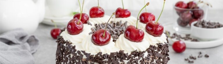 Layered Schwarzwälder Kirschtorte German dessert with rich chocolate and cherries