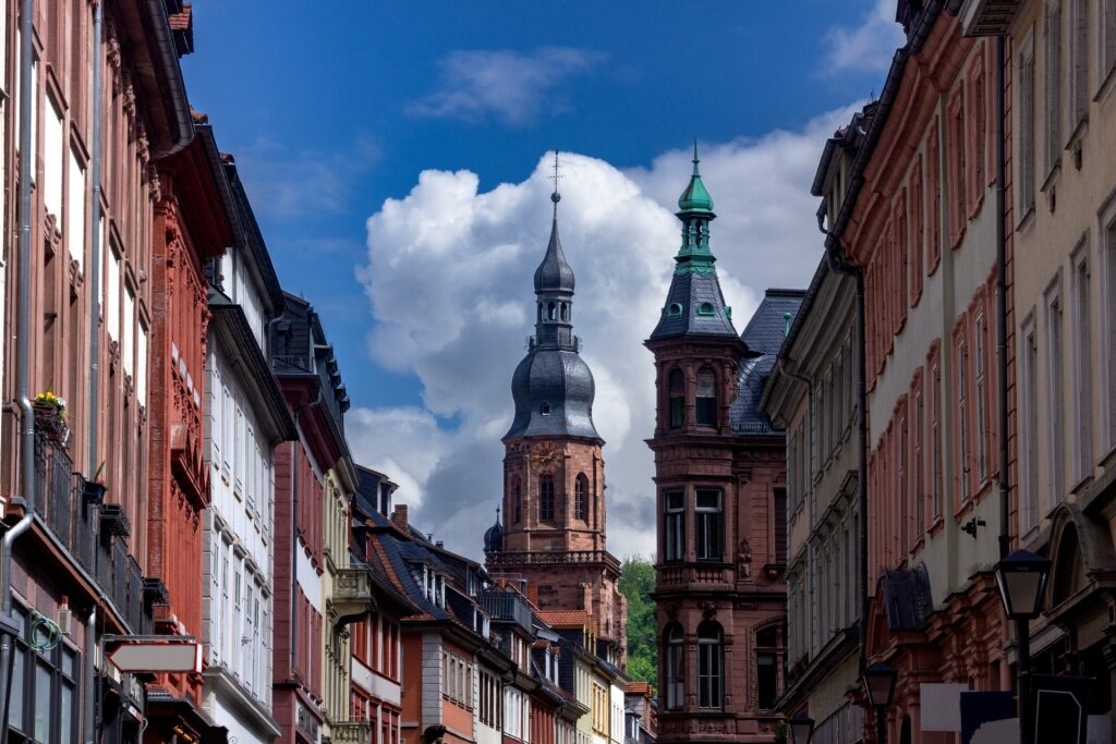 View of the Church of the Holy Spirit from Hauptstrasse in Heidelberg