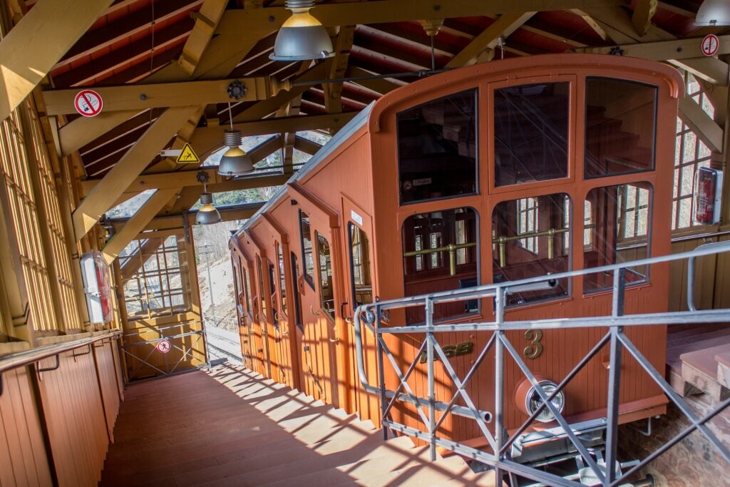 Historic Heidelberger Bergbahn funicular car at the mountain station