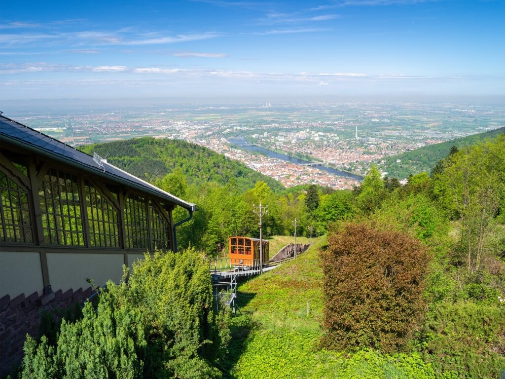 Königstuhl summit scene featuring the Heidelberger Bergbahn and views of Heidelberg