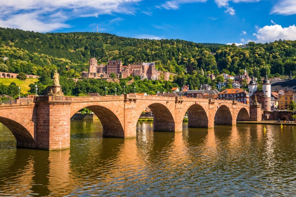 View of Heidelberg’s old town and castle overlooking the bridge and Neckar River