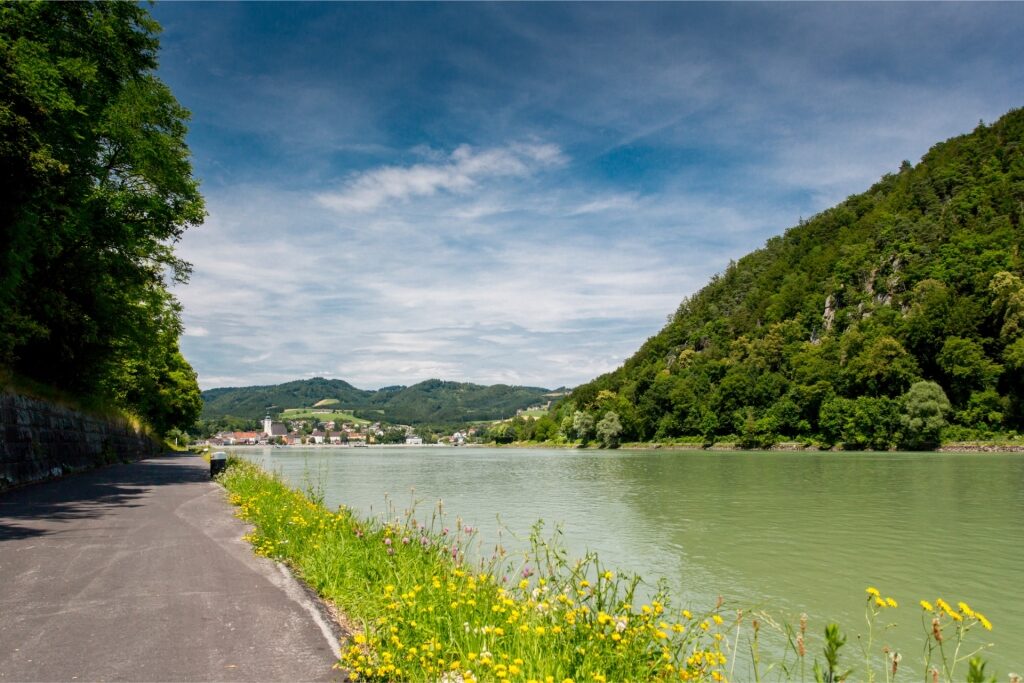 Peaceful riverside cycling trail along the Danube
