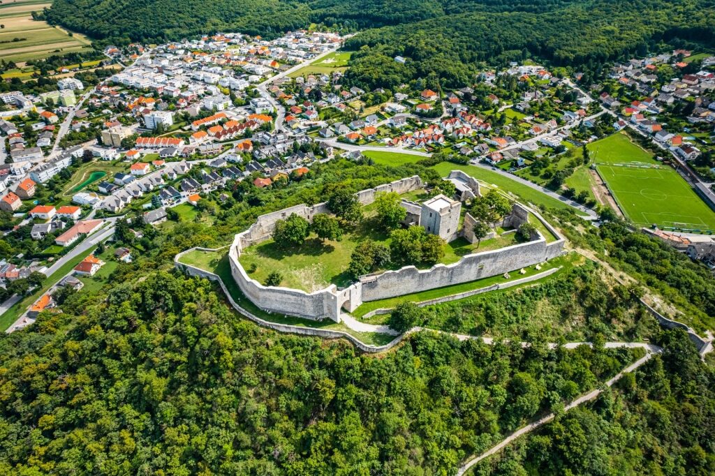 Aerial view of Hainburg Castle in Austria