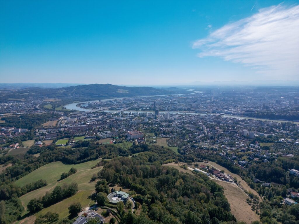 Panoramic view from Pöstlingberg Hill overlooking the city of Linz and the Danube River