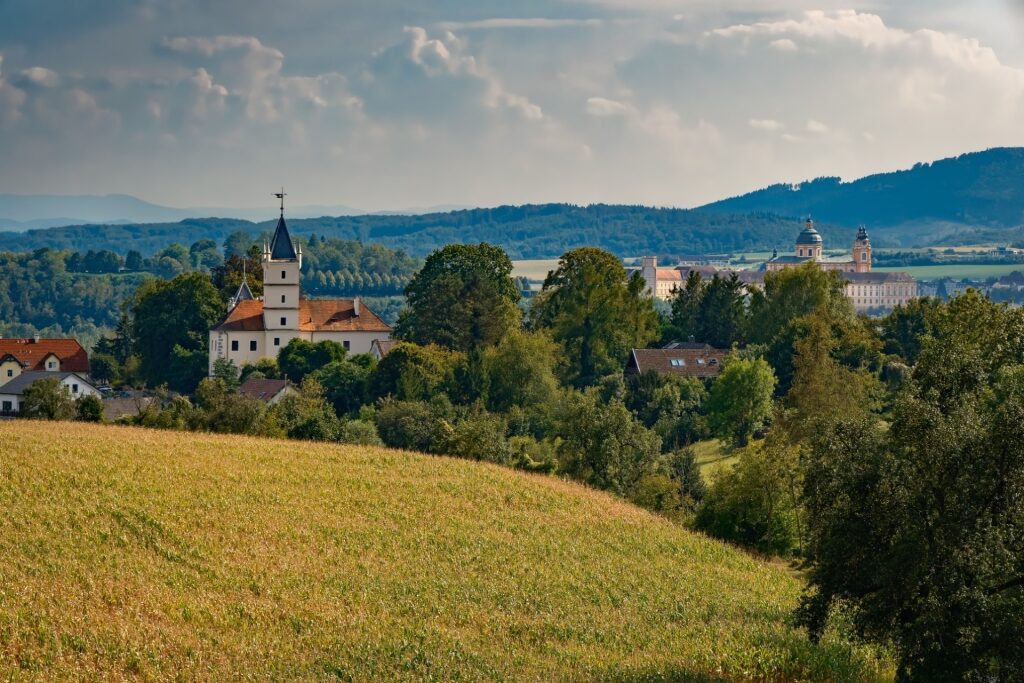 View from Welterbesteig Wachau trail overlooking Emmersdorf an der Donau and Stift Melk