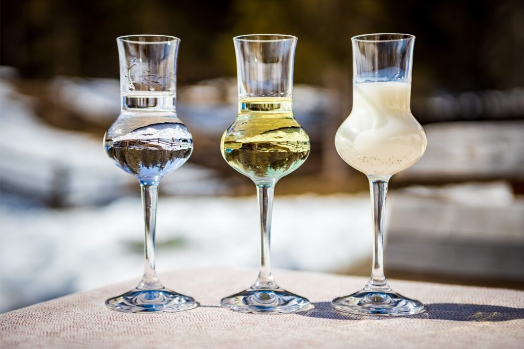 Variety of Grappa drinks in glasses