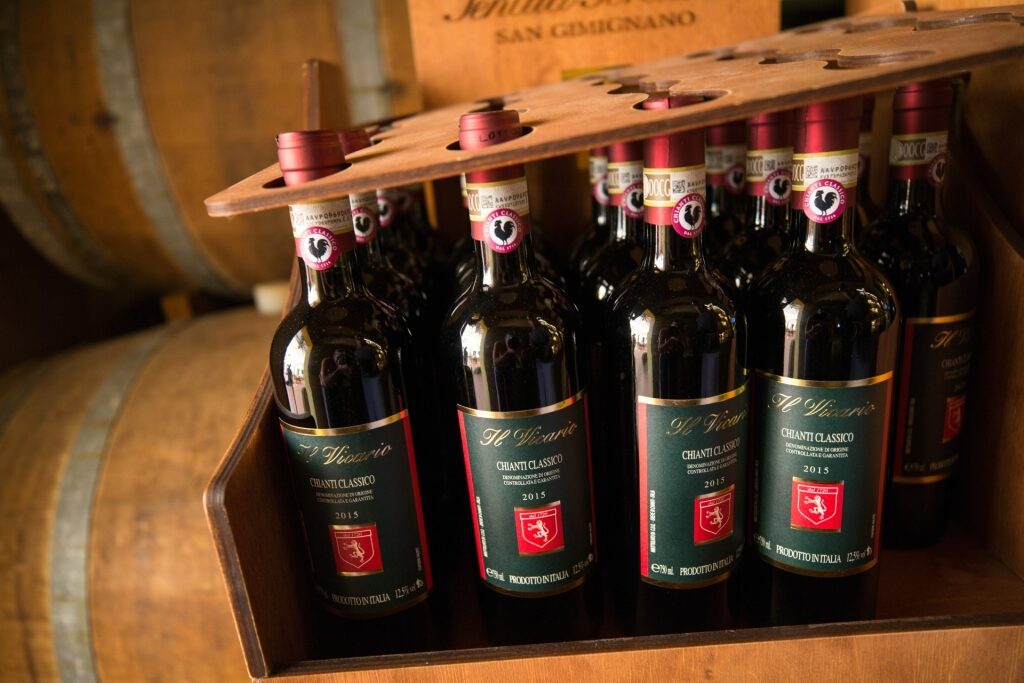 Italian Chianti Classico red wine bottles by Il Vicario