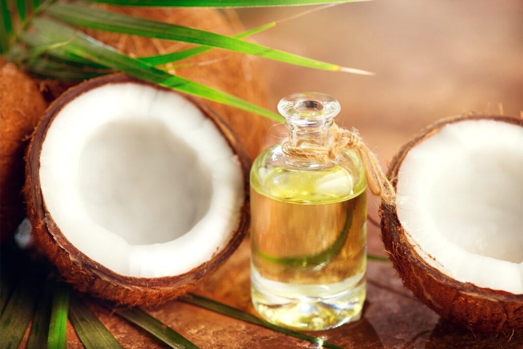 Bottle of coconut oil with fresh coconuts and green palm leaves on a brown background