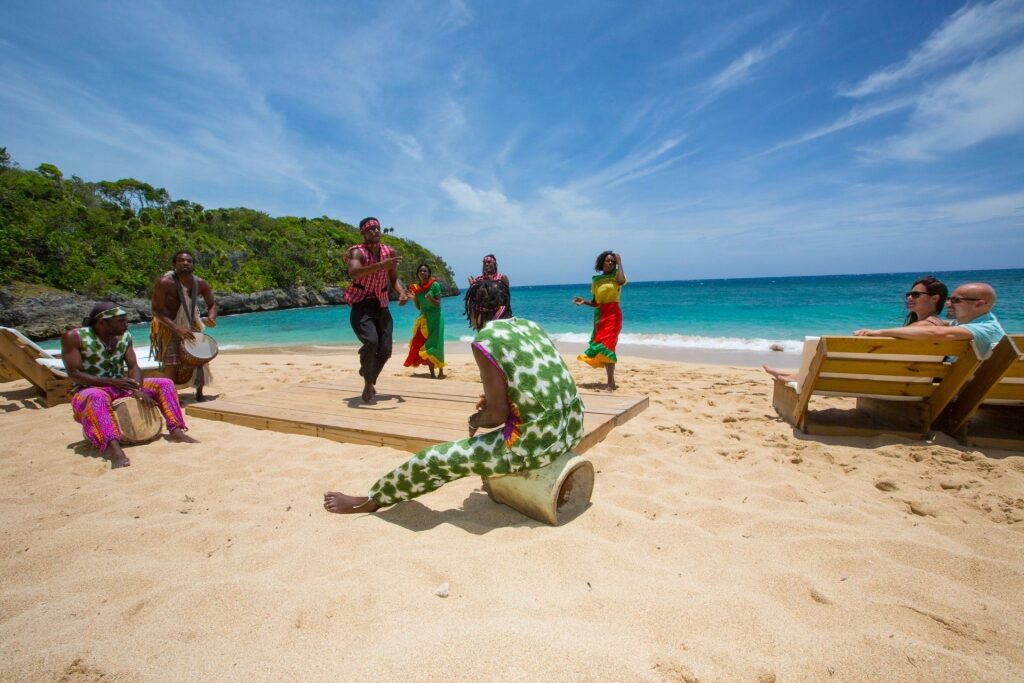 Traditional Jamaican dancers performing on Falmouth beach
