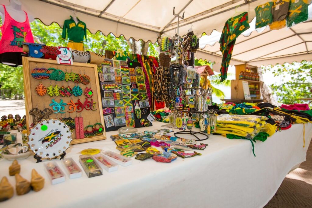 Table with colorful handcrafted Jamaica souvenirs and keepsakes