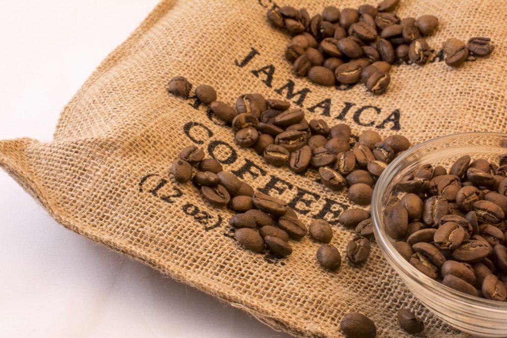 Jamaican coffee beans on a brown burlap sack