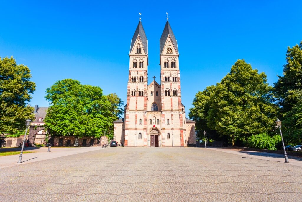 Historic facade of Basilica of St. Castor in Koblenz, Germany