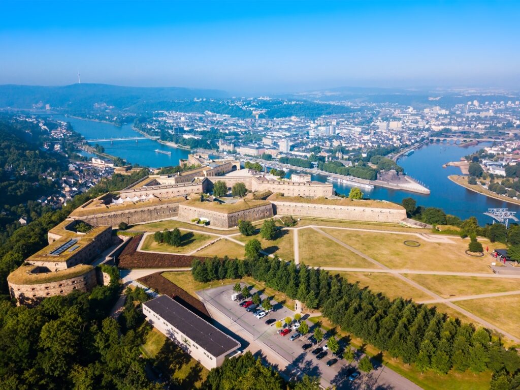Aerial panoramic view of Ehrenbreitstein Fortress in Koblenz