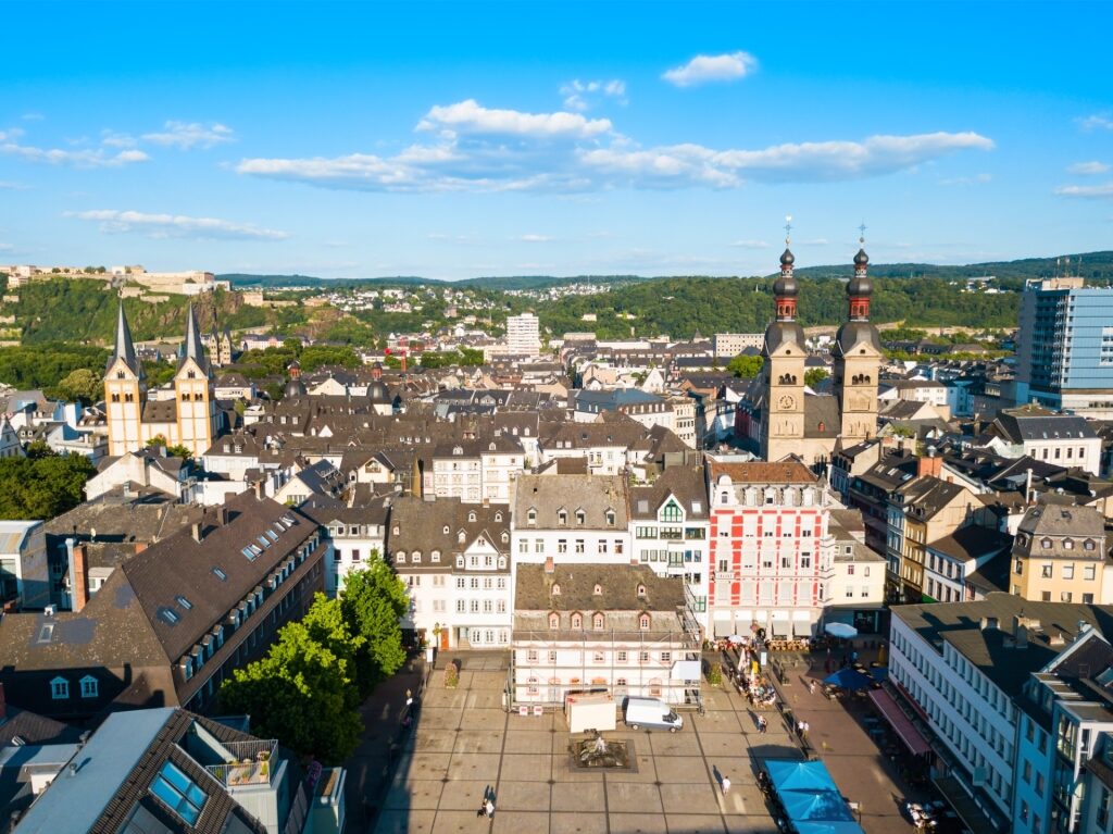 Aerial view of Koblenz's Old Town with historic landmarks