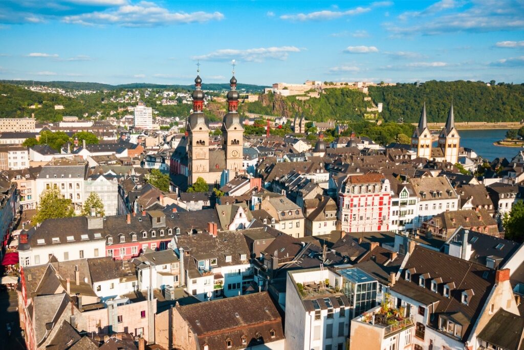 Aerial view of Koblenz's Old Town with historic landmarks