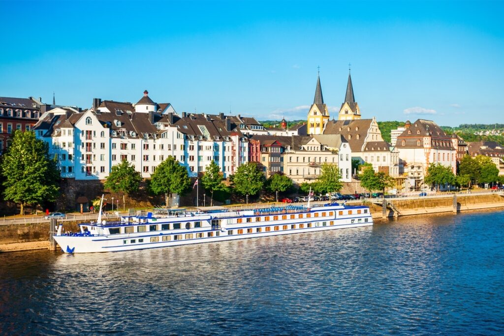 Scenic view of Koblenz along the Rhine River with historic buildings and promenade