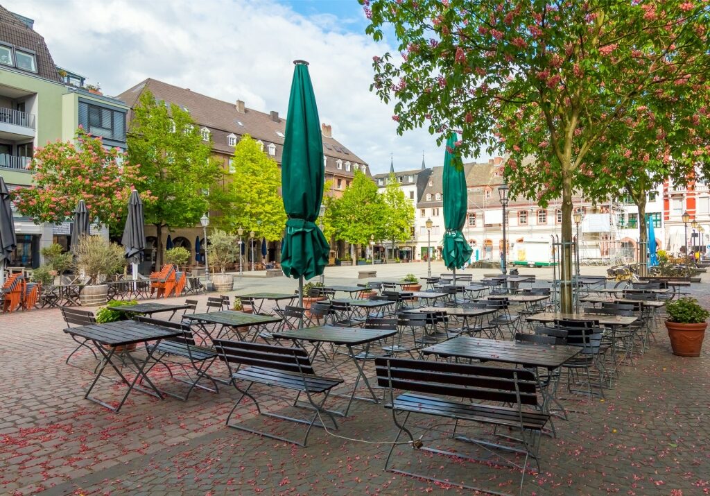 Empty café tables and chairs in the picturesque Old Town district of Koblenz