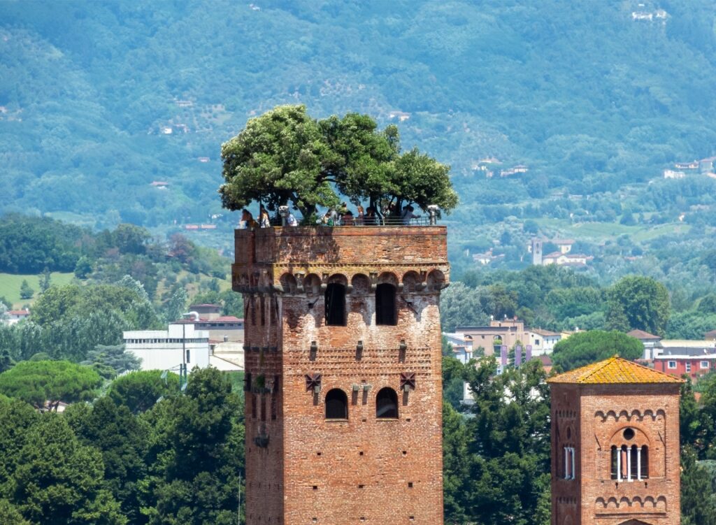 Historic Torre Guinigi in Lucca, Italy with trees growing on its rooftop