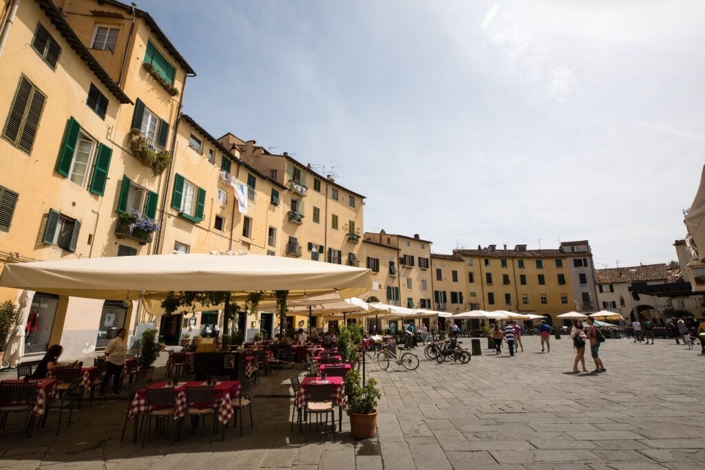 Historic circular square Piazza dell'Anfiteatro in Lucca, Italy