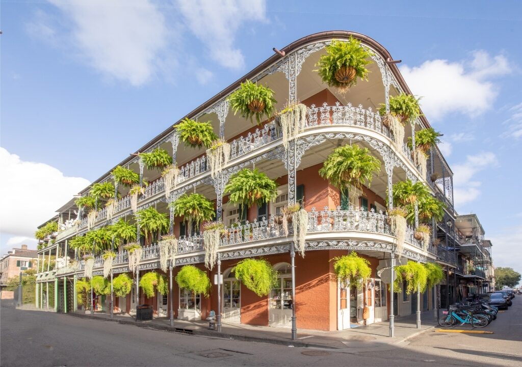 Historic building in the French Quarter of New Orleans with wrought-iron balconies