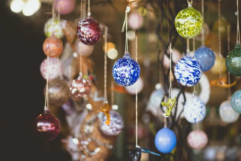 Artisan-blown glass pieces hanging as decor in New Orleans