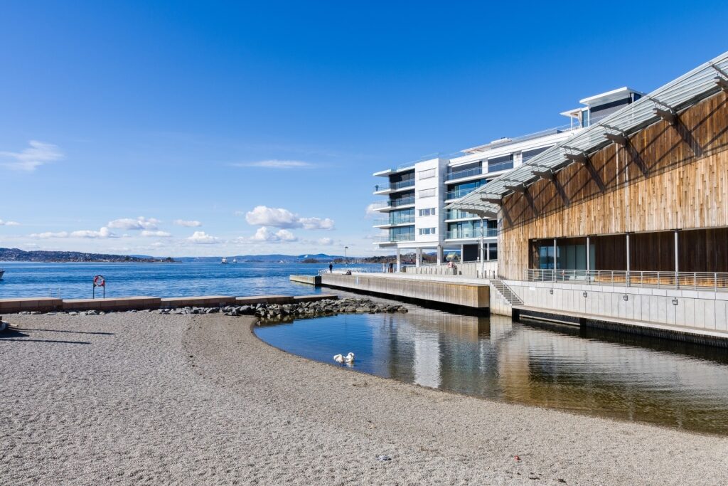 View of Tjuvholmen Beach in Oslo with the Astrup Fearnley Museum by the waterfront