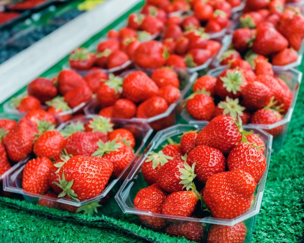 Fresh strawberries for sale at a market in Bergen, Norway